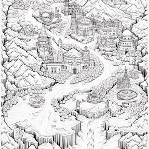 Pode incluir: Uma ilustra&ccedil;&atilde;o de arte linear em preto e branco representando um mapa de paisagem fant&aacute;stica. A cena apresenta um rio sinuoso que flui atrav&eacute;s de um vale cercado por cadeias de montanhas irregulares, florestas densas e v&aacute;rias estruturas arquitet&ocirc;nicas.