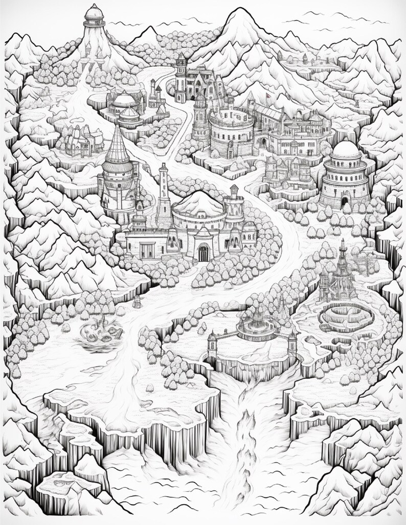 Pode incluir: Uma ilustra&ccedil;&atilde;o de arte linear em preto e branco representando um mapa de paisagem fant&aacute;stica. A cena apresenta um rio sinuoso que flui atrav&eacute;s de um vale cercado por cadeias de montanhas irregulares, florestas densas e v&aacute;rias estruturas arquitet&ocirc;nicas.