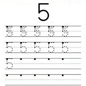 Peut inclure: Une feuille d'exercices &eacute;ducative blanche intitul&eacute;e Name et Number Tracing The Number 5. La page pr&eacute;sente un grand chiffre 5 noir en haut, suivi de trois lignes de chiffres 5 en pointill&eacute;s avec des fl&egrave;ches et des chiffres pour guider l'&eacute;criture.