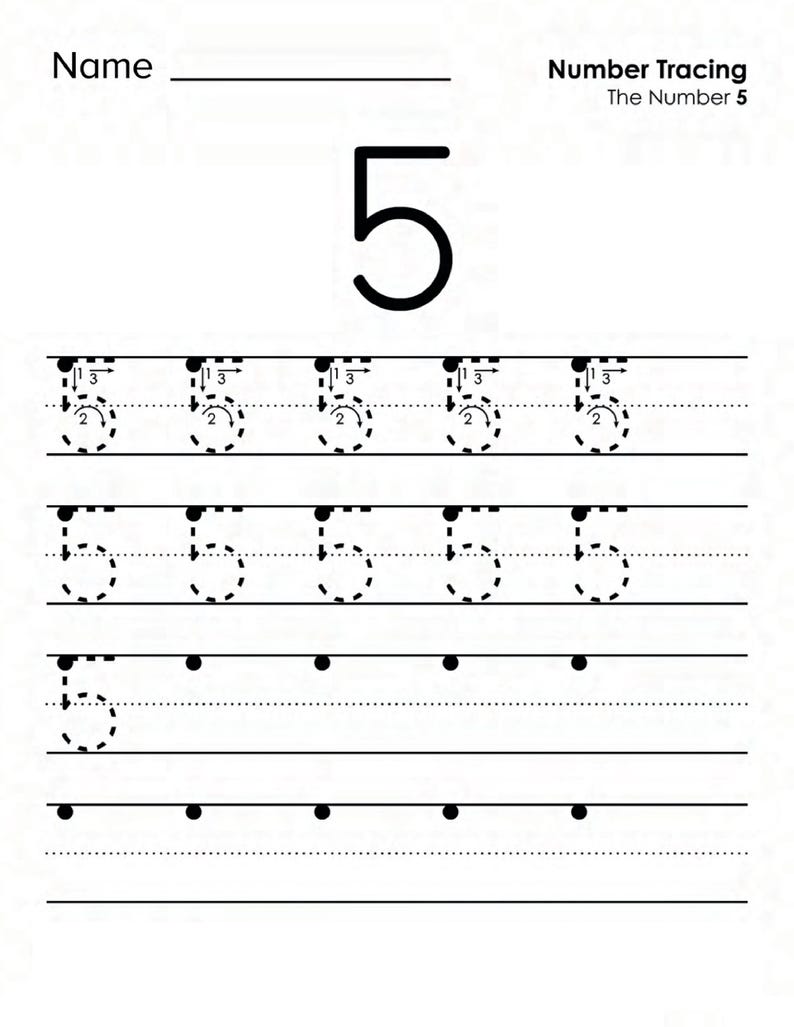 Peut inclure: Une feuille d'exercices &eacute;ducative blanche intitul&eacute;e Name et Number Tracing The Number 5. La page pr&eacute;sente un grand chiffre 5 noir en haut, suivi de trois lignes de chiffres 5 en pointill&eacute;s avec des fl&egrave;ches et des chiffres pour guider l'&eacute;criture.