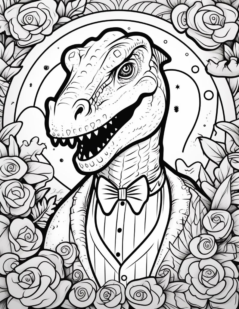 Pu&ograve; includere: Un'illustrazione in bianco e nero a tratto che raffigura un dinosauro che indossa una giacca da smoking, un gilet a righe e un papillon. Il dinosauro &egrave; incorniciato da un bordo circolare circondato da numerosi fiori di rosa e foglie dettagliate.