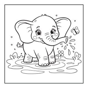 以下が含まれることがあります： 水たまりの中に立っている赤ちゃんゾウの白黒線画イラスト。ゾウは大きな耳と笑顔の顔をしており、鼻から水を噴き出している。近くには小さな蝶が飛んでおり、花も描かれている。