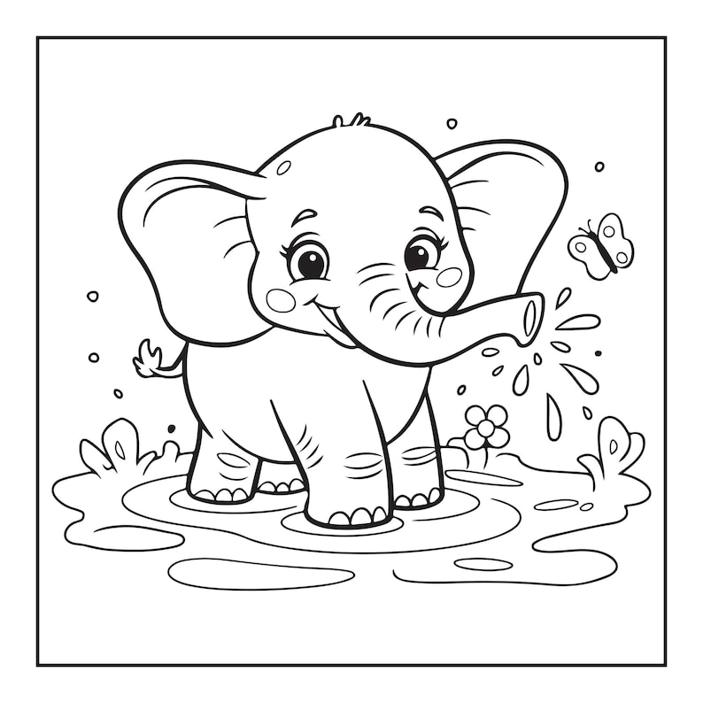 以下が含まれることがあります： 水たまりの中に立っている赤ちゃんゾウの白黒線画イラスト。ゾウは大きな耳と笑顔の顔をしており、鼻から水を噴き出している。近くには小さな蝶が飛んでおり、花も描かれている。