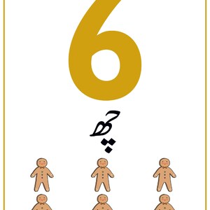 K&ouml;nnte beinhalten: Eine wei&szlig;e rechteckige Lernkarte mit einer gro&szlig;en goldenen Ziffer 6 oben, gefolgt von dem Urdu-Wort f&uuml;r sechs in schwarzer Schrift und sechs kleinen braunen Lebkuchenm&auml;nnchen-Illustrationen, die in zwei Reihen zu je drei angeordnet sind.
