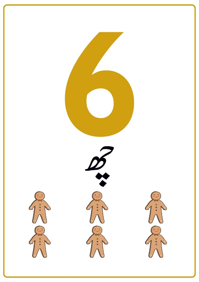 K&ouml;nnte beinhalten: Eine wei&szlig;e rechteckige Lernkarte mit einer gro&szlig;en goldenen Ziffer 6 oben, gefolgt von dem Urdu-Wort f&uuml;r sechs in schwarzer Schrift und sechs kleinen braunen Lebkuchenm&auml;nnchen-Illustrationen, die in zwei Reihen zu je drei angeordnet sind.