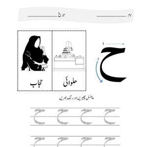 An Urdu handwriting practice page featuring the letter Hay with directional arrows, paired with drawings of a woman in a hijab and a chef.