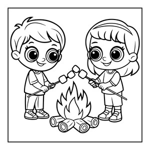 K&ouml;nnte beinhalten: Eine schwarz-wei&szlig;e Strichzeichnung von zwei Kindern, die auf gegen&uuml;berliegenden Seiten eines Lagerfeuers stehen. Jedes Kind h&auml;lt einen Stock mit einem Marshmallow &uuml;ber die Flammen. Die Figuren haben gro&szlig;e Augen und tragen einfache Kleidung.