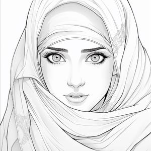 K&ouml;nnte beinhalten: Eine schwarz-wei&szlig;e Strichzeichnung eines Gesichts, das von einem drapierten Kopftuch umrahmt wird. Die Zeichnung zeigt detaillierte Augen mit langen Wimpern, definierte Augenbrauen und weiche Gesichtsz&uuml;ge mit komplexen Mustern in den Stofffalten.