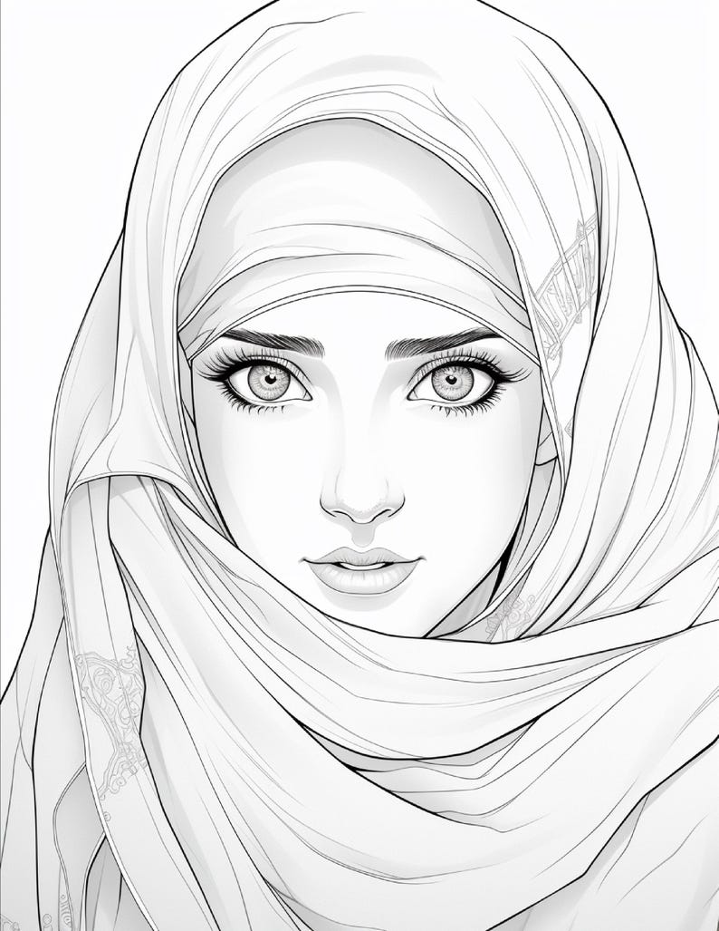 K&ouml;nnte beinhalten: Eine schwarz-wei&szlig;e Strichzeichnung eines Gesichts, das von einem drapierten Kopftuch umrahmt wird. Die Zeichnung zeigt detaillierte Augen mit langen Wimpern, definierte Augenbrauen und weiche Gesichtsz&uuml;ge mit komplexen Mustern in den Stofffalten.