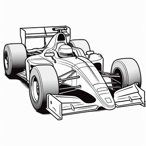 Black and white colouring page showing a modern open-wheel race car with a helmeted driver, angled from the front left.