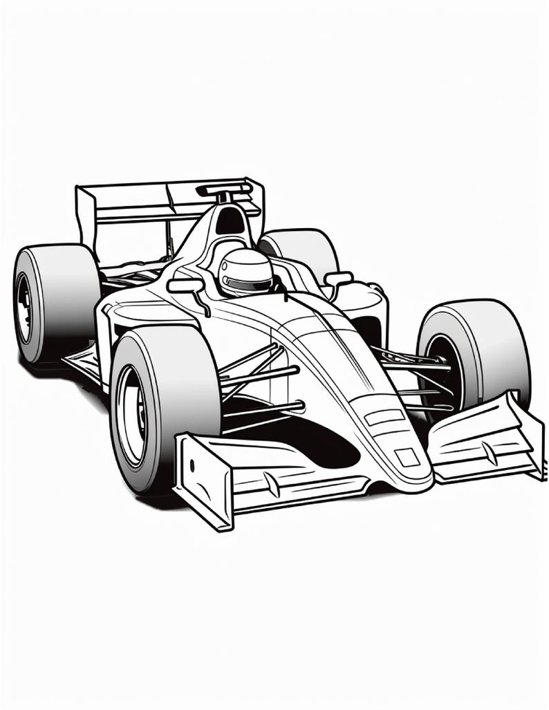 Black and white colouring page showing a modern open-wheel race car with a helmeted driver, angled from the front left.