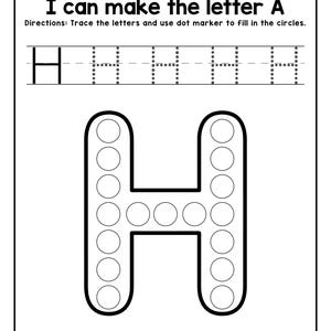 A black and white printable worksheet featuring uppercase letter H to trace and an outline of the letter H filled with dot circles, with the text H is for Hen.