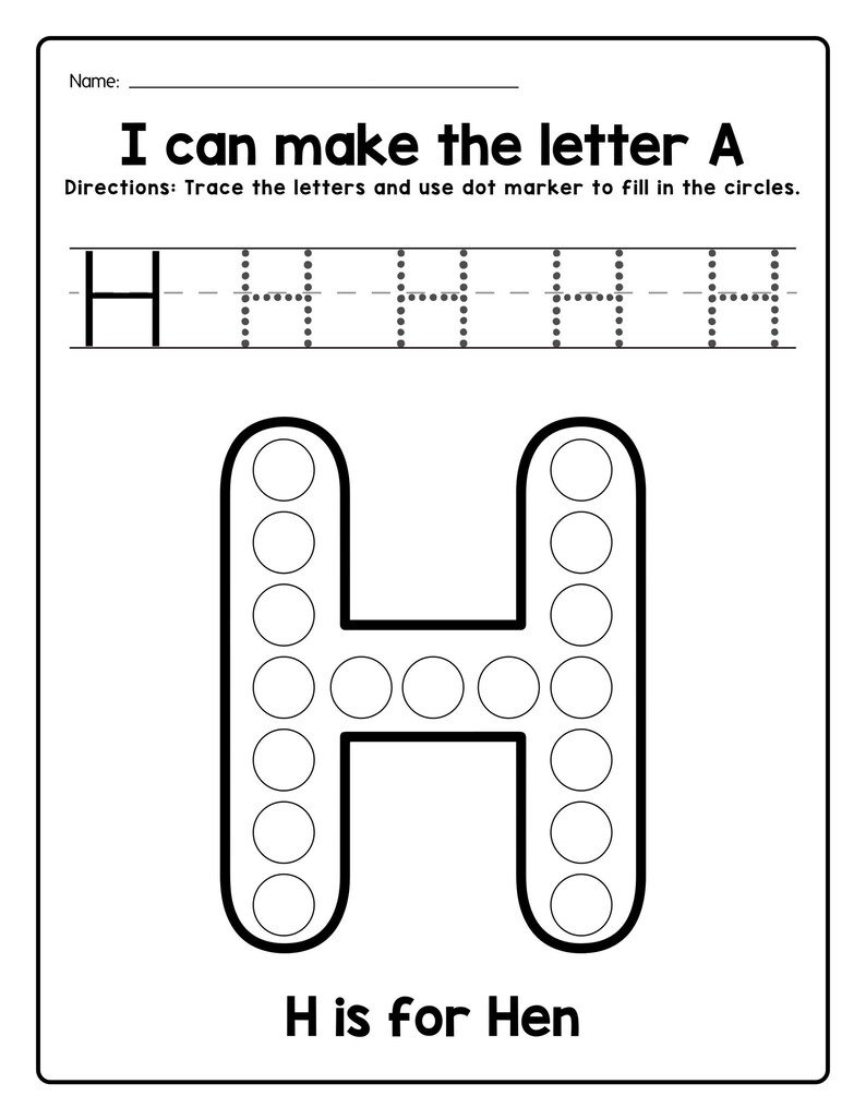 A black and white printable worksheet featuring uppercase letter H to trace and an outline of the letter H filled with dot circles, with the text H is for Hen.