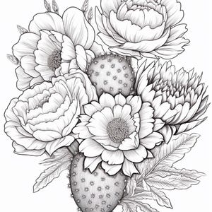Pode incluir: Uma ilustra&ccedil;&atilde;o de arte linear em preto e branco apresentando um arranjo bot&acirc;nico de flores em camadas semelhantes a pe&ocirc;nias, uma flor de cacto central em flora&ccedil;&atilde;o, duas palmas de cacto com espinhos vis&iacute;veis e folhas de folhagem texturizadas.