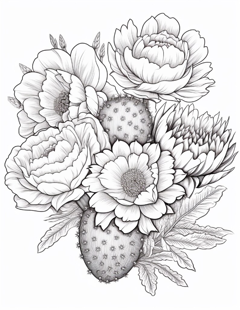 Pode incluir: Uma ilustra&ccedil;&atilde;o de arte linear em preto e branco apresentando um arranjo bot&acirc;nico de flores em camadas semelhantes a pe&ocirc;nias, uma flor de cacto central em flora&ccedil;&atilde;o, duas palmas de cacto com espinhos vis&iacute;veis e folhas de folhagem texturizadas.