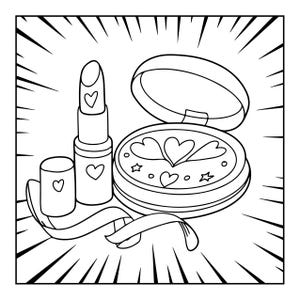 Pode incluir: Uma ilustra&ccedil;&atilde;o de arte linear a preto e branco de um batom e de uma caixa de p&oacute; compacto aberta. O batom apresenta um design de cora&ccedil;&atilde;o na tampa e na base. O compacto cont&eacute;m formas de cora&ccedil;&otilde;es e estrelas. Uma fita enrola-se na base.