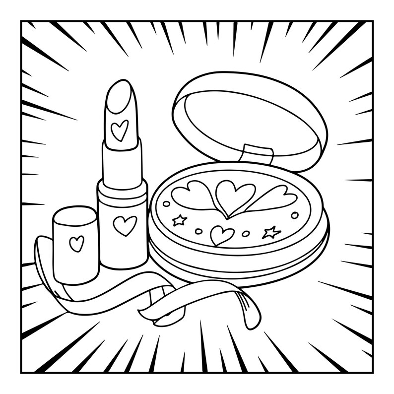 Pode incluir: Uma ilustra&ccedil;&atilde;o de arte linear a preto e branco de um batom e de uma caixa de p&oacute; compacto aberta. O batom apresenta um design de cora&ccedil;&atilde;o na tampa e na base. O compacto cont&eacute;m formas de cora&ccedil;&otilde;es e estrelas. Uma fita enrola-se na base.