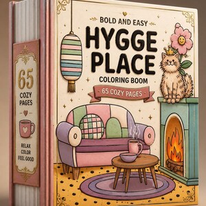 A coloring book with a cream cover featuring a cozy living room scene with a cat, a fireplace, and a couch, with "Hygge Place Coloring Book" in black text.