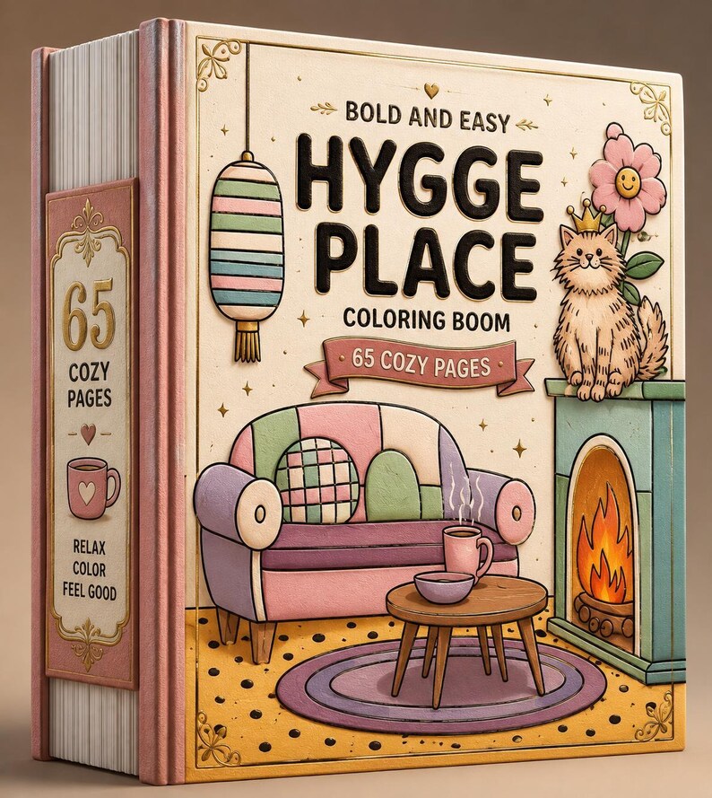 A coloring book with a cream cover featuring a cozy living room scene with a cat, a fireplace, and a couch, with "Hygge Place Coloring Book" in black text.