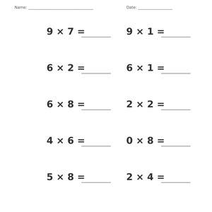 May include: A white educational worksheet titled Multiplication &bull; Single Digit with a grey header. It features ten maths problems arranged in two columns, with blank lines for Name and Date at the top and Page 7 of 100 at the bottom.