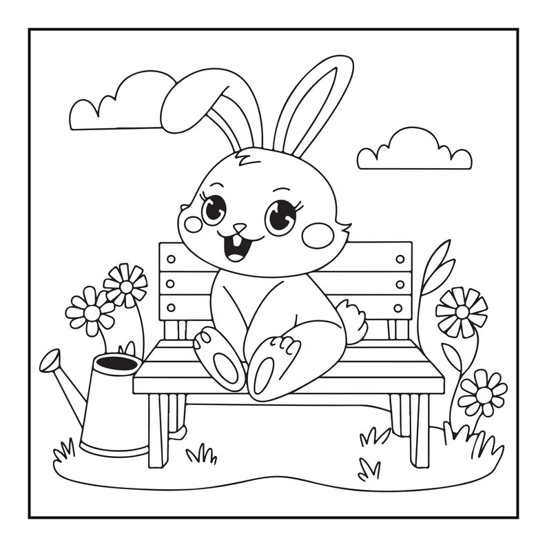 May include: A black and white line art coloring page featuring a cartoon rabbit with large eyes sitting on a wooden park bench. The scene includes a watering can, several simple flowers, and two clouds in the background, all outlined in black.