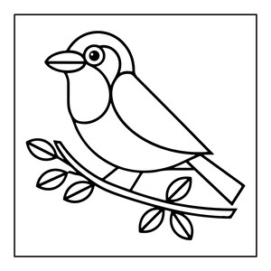 May include: A black and white line art illustration of a bird perched on a branch with leaves. The bird is depicted in profile with a rounded head, a small beak, and a visible eye. The branch curves diagonally across the frame with four leaves.