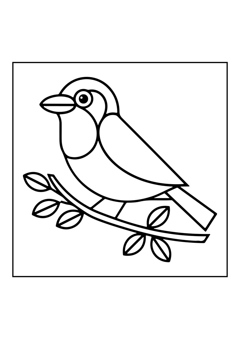 May include: A black and white line art illustration of a bird perched on a branch with leaves. The bird is depicted in profile with a rounded head, a small beak, and a visible eye. The branch curves diagonally across the frame with four leaves.
