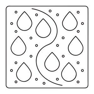May include: A square icon with rounded corners featuring a black outline of seven teardrop shapes and multiple small circles arranged on both sides of a central curved line, all set against a plain white background.