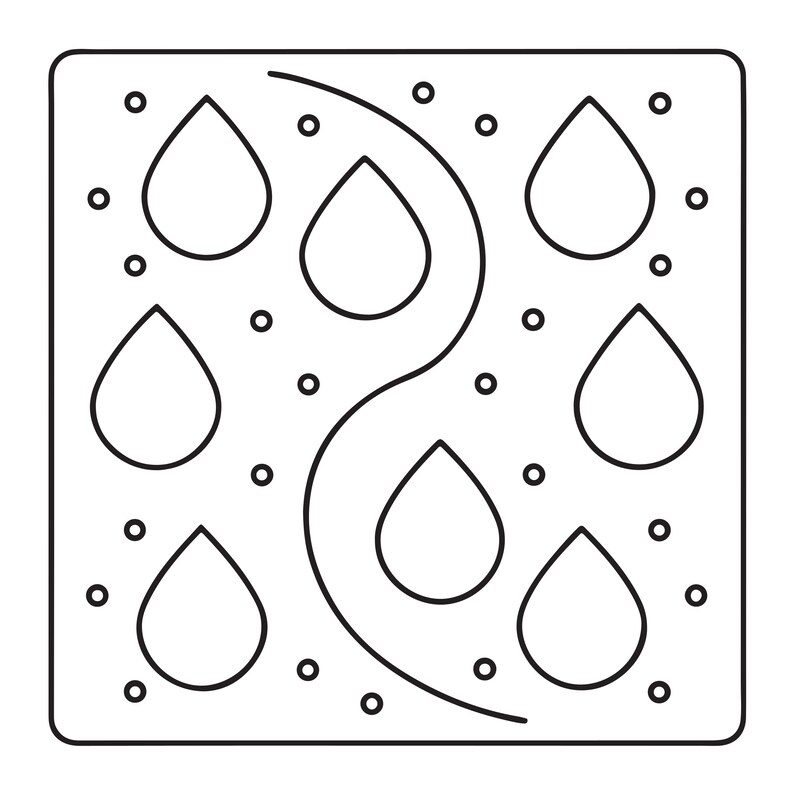 May include: A square icon with rounded corners featuring a black outline of seven teardrop shapes and multiple small circles arranged on both sides of a central curved line, all set against a plain white background.
