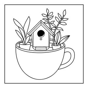 A black and white coloring page of a teacup holding a birdhouse and potted plants.