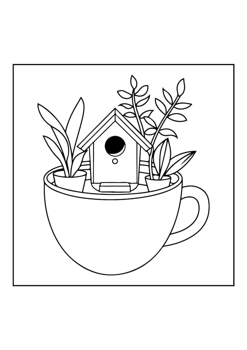 A black and white coloring page of a teacup holding a birdhouse and potted plants.
