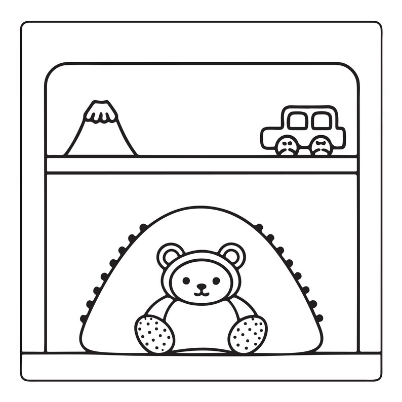 K&ouml;nnte beinhalten: Eine schwarz-wei&szlig;e Strichzeichnung eines Regals. Das obere Regal zeigt ein Bergsymbol und ein Spielzeugauto. Das untere Regal enth&auml;lt eine zentrale Abbildung eines B&auml;ren, der in einer abgerundeten, strukturierten Struktur mit kleinen Details sitzt.