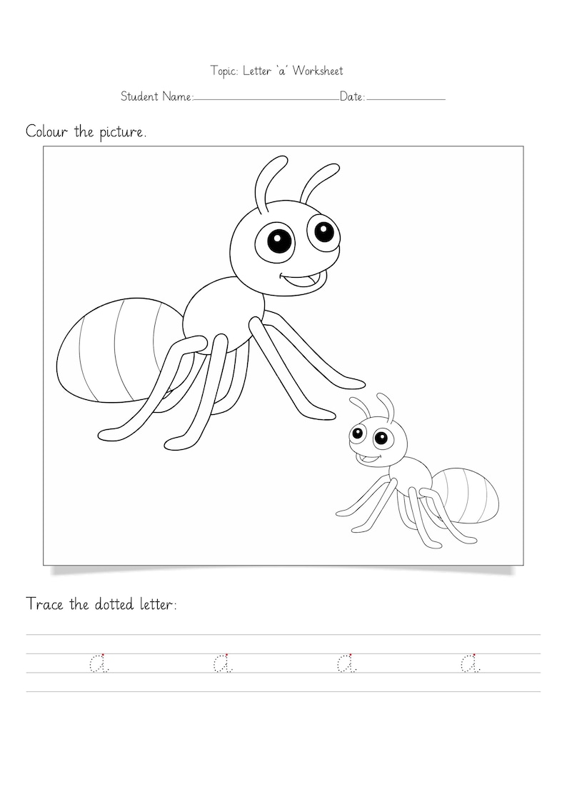 Peut inclure: Une fiche p&eacute;dagogique en noir et blanc intitul&eacute;e Topic: Letter 'a' Worksheet. Elle pr&eacute;sente une grande fourmi et une petite fourmi &agrave; colorier, suivies d'une section pour tracer la lettre minuscule 'a' en pointill&eacute;s quatre fois.