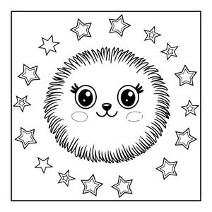 Op de afbeelding: Een zwart-wit kleurplaat met een centraal rond figuur met een stekelige omtrek, grote expressieve ogen, lange wimpers, een kleine neus en een glimlachende mond, omringd door een ring van twaalf omlijnde sterren binnen een vierkante rand.