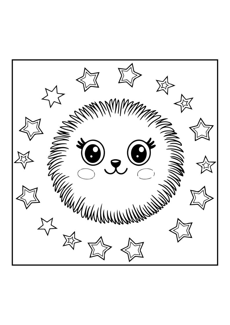 Op de afbeelding: Een zwart-wit kleurplaat met een centraal rond figuur met een stekelige omtrek, grote expressieve ogen, lange wimpers, een kleine neus en een glimlachende mond, omringd door een ring van twaalf omlijnde sterren binnen een vierkante rand.