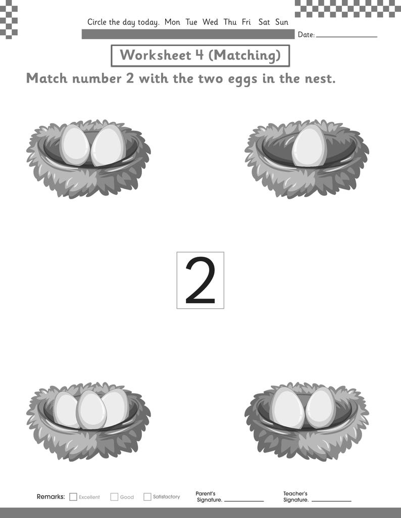 Puede incluir: Una hoja de trabajo educativa en blanco y negro titulada Worksheet 4 (Matching) con la instrucci&oacute;n de unir el n&uacute;mero 2 con los dos huevos en el nido. La p&aacute;gina incluye un n&uacute;mero 2 grande, cuatro ilustraciones de nidos de p&aacute;jaros con huevos y espacios para fecha, observaciones y firmas.