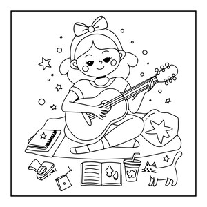 K&ouml;nnte beinhalten: Eine schwarz-wei&szlig;e Ausmalvorlage mit Linienkunst, die eine Person mit einer Schleife im Haar zeigt, die eine Akustikgitarre spielt. Zu den umgebenden Elementen geh&ouml;ren eine kleine Katze, ein Trinkbecher, ein offenes Buch, ein Notizbuch und Sterne.