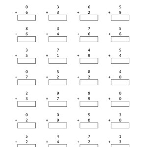 May include: A black and white educational worksheet titled Math Addition - Single Digit. The page features seven rows and four columns of simple addition problems, each consisting of two single-digit numbers and a blank rectangular box for the answer.
