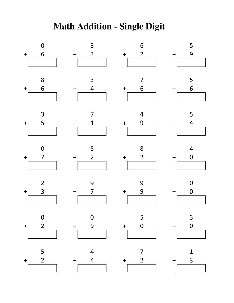 May include: A black and white educational worksheet titled Math Addition - Single Digit. The page features seven rows and four columns of simple addition problems, each consisting of two single-digit numbers and a blank rectangular box for the answer.