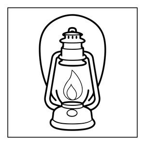 May include: A black and white line art illustration of a classic hurricane lantern. The lantern features a central glass globe containing a stylized flame, a metal frame with a handle, and a circular base, all rendered with bold, clean outlines.