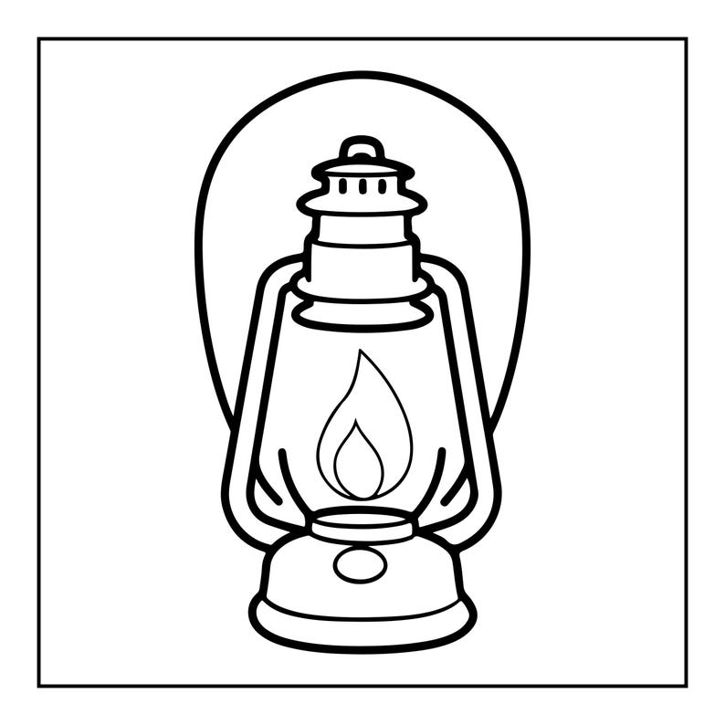 May include: A black and white line art illustration of a classic hurricane lantern. The lantern features a central glass globe containing a stylized flame, a metal frame with a handle, and a circular base, all rendered with bold, clean outlines.