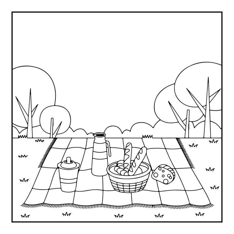 May include: A black and white line art illustration of a picnic scene featuring a chequered blanket spread on grass. On the blanket sits a basket filled with two baguettes, a thermos, a lidded cup, and a wedge of cheese with holes in it.