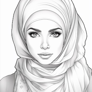 Pu&ograve; includere: Un'illustrazione in bianco e nero a tratto di una persona che indossa un hijab. Il disegno presenta tratti del viso dettagliati, tra cui sopracciglia definite, ciglia lunghe e un piccolo piercing al naso. Il velo &egrave; drappeggiato con pieghe morbide.