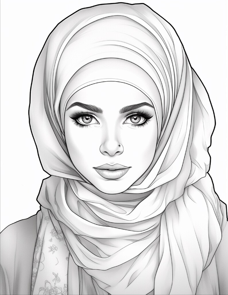 Pu&ograve; includere: Un'illustrazione in bianco e nero a tratto di una persona che indossa un hijab. Il disegno presenta tratti del viso dettagliati, tra cui sopracciglia definite, ciglia lunghe e un piccolo piercing al naso. Il velo &egrave; drappeggiato con pieghe morbide.