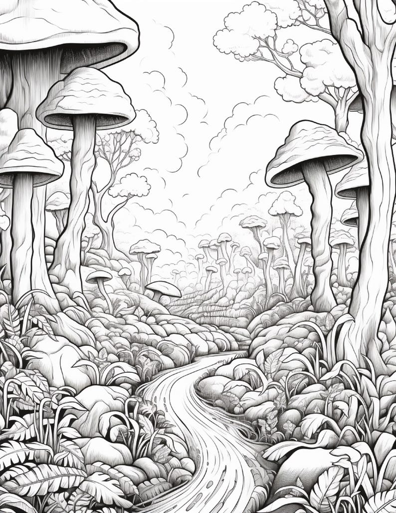 Målarbok i den magiska skogen | 320 sidor med djärva fantasisvampmönster (digital nedladdning) bild 5