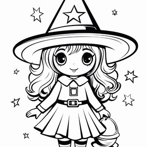 May include: A black and white line art illustration of a character wearing a wide-brimmed pointed hat with a star emblem, a collared dress with a buckled belt, and striped socks. The character has long wavy hair and holds a small round bucket.