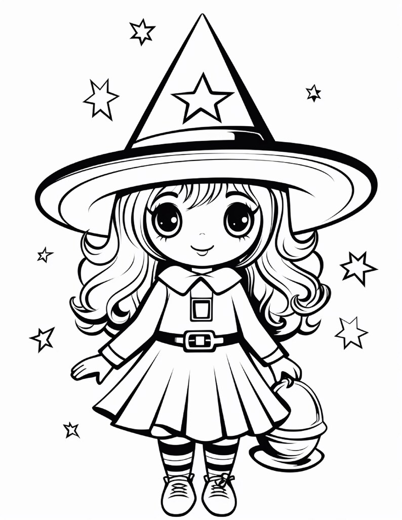 May include: A black and white line art illustration of a character wearing a wide-brimmed pointed hat with a star emblem, a collared dress with a buckled belt, and striped socks. The character has long wavy hair and holds a small round bucket.