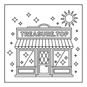 Op de afbeelding: Een zwart-wit lijntekening van een winkelpui met een gestreepte luifel en een bord met de tekst TREASURE.TOP. Het gebouw heeft een centrale deur met een ruitpatroon, twee grote etalageramen, een zon en verschillende sterren.