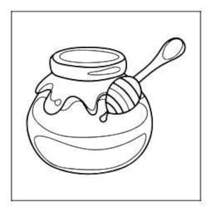A line drawing of a honey pot with honey dripping over the sides and a honey dipper inside.