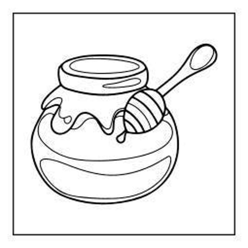 A line drawing of a honey pot with honey dripping over the sides and a honey dipper inside.